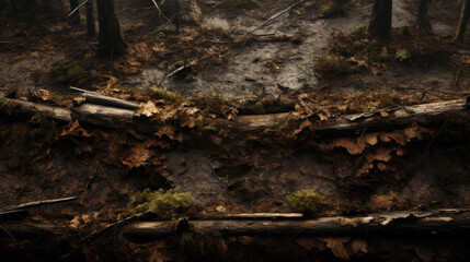 Forest floor in the forest with fallen trees and leaves