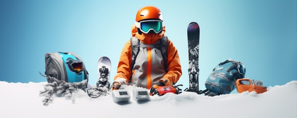 Snowboard equipment on winter background. copy space for text.