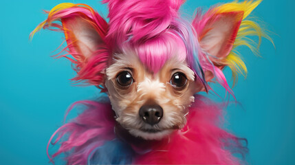 A little dog with a crazy colorful hairstyle
