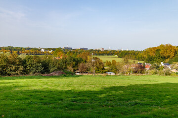 Fototapeta na wymiar Plain of an agricultural plots with autumn trees with yellowish green foliage, city buildings against blue sky in background, sunny day in Sweikhuizen, South Limburg, Netherlands