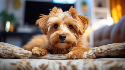 A small brown dog lies in the living room