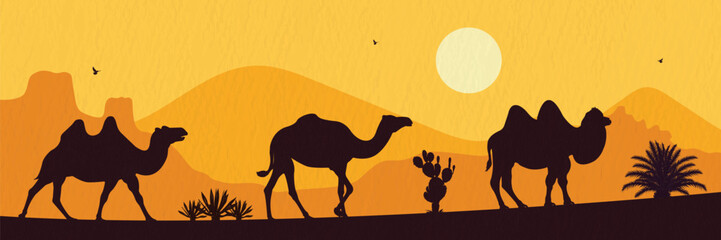 Silhouette set of Desert Camel with humps walking isolated on evening desert background
 - obrazy, fototapety, plakaty