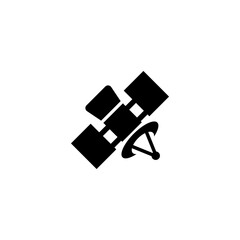 Artificial Satellite in Orbit Earth, Space Transmitter. Flat Vector Icon illustration. Simple black symbol on white background. Artificial Satellite sign design template for web and mobile UI element