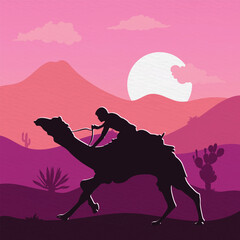  Silhouette of man riding on camel for race isolated in the evening desert background