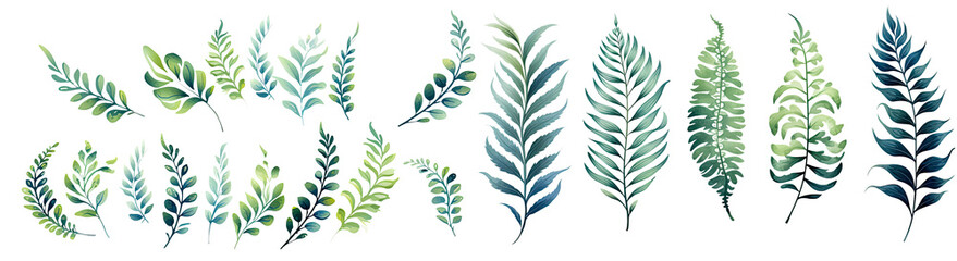 watercolor fern leaves illustration transparent background, PNG.