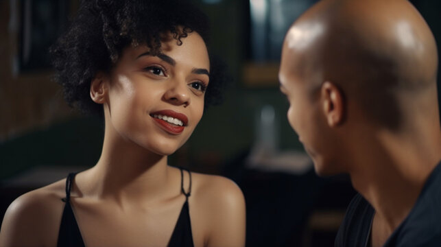Fictitious African American man and woman enjoy their first date AI generative