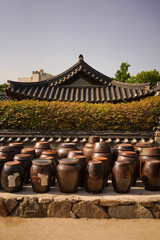 Traditional korean kimchi jars onggi with the house in the background