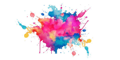 Bright colorful watercolor splash splatter stain brush strokes on white background. Modern vibrant aquarelle spot. Rainbow trendy isolated design on white. Element. Vector watercolor illustration.