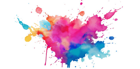 Bright colorful watercolor splash splatter stain brush strokes on white background. Modern vibrant aquarelle spot. Rainbow trendy isolated design on white. Element. Vector watercolor illustration.