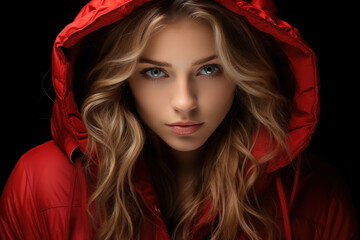 A gorgeous woman with long red hair in a red coat