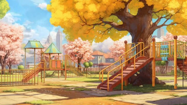 close up of play ground park with tree decoration at spring. seamless looping time-lapse virtual video animation background.	