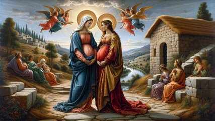 Mary's Song of Grace: The Magnificat at Elizabeth's Visitation by Mary Mother of God.  - obrazy, fototapety, plakaty