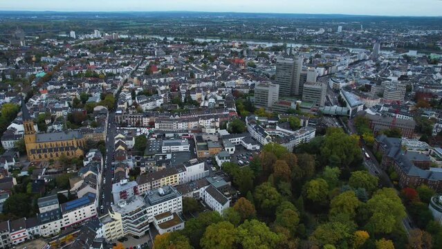 Aerial view around the old town of Bonn in Germany on a cloudy autumn day