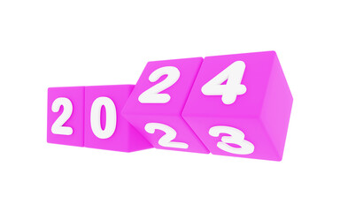 happy new year 2024,, 2024 new year, 3d illustration of 2024 purple dices turning year from 2023 to 2024 on white background with empty space for text, New year wishes greeting card