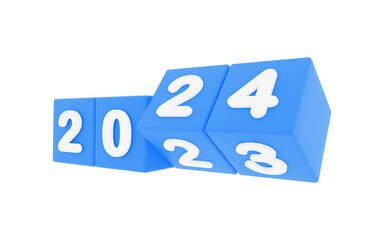 happy new year 2024,, 2024 new year, 3d illustration of 2024 blue dices turning year from 2023 to 2024 on white background with empty space for text, New year wishes greeting card