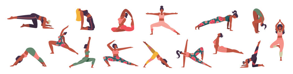 Yoga postures. Girls practising yoga. healthy Lifestyle. Flower legging. Colorful flat vector illustration isolated on a white background. Bundle of female cartoon character demonstrating various yoga