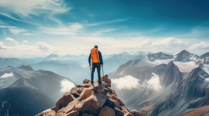 Male mountain climber on mountain top for success concept - obrazy, fototapety, plakaty