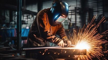 Worker welding steel structure at workshop
