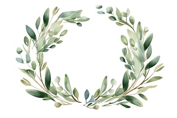 Hand-painted Watercolor Green Olive Branch Wreath on White Background