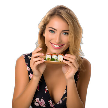 Woman eating sushi isolated on transparent or white background, png