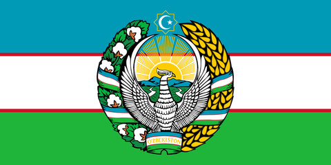 The official current flag and coat of arms of Republic of Uzbekistan. State flag of Uzbekistan. Illustration. - obrazy, fototapety, plakaty