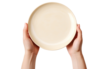 Hands holding a plate cut out transparent isolated on white background ,PNG file.