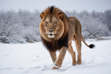 Lion walking in the snow, wildlife affected by climate change