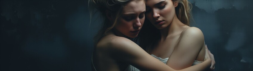 Sad woman suffering from negative emotion. Two women embracing each other.