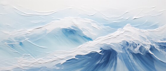 Minimalist turbulent ocean waves painting in titanium white and light blue hues, thick impasto palette knife style, fine canvas and brush stroke detail.