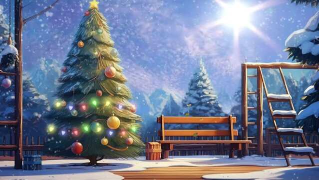  close up of play ground park with christmas tree decoration at winter. seamless looping time-lapse virtual video animation background.	