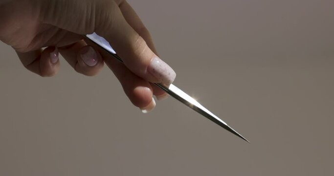 female hand holding tweezers on gray background. professional eyelash extension