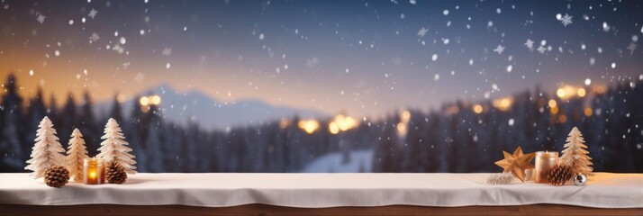 Christmas Banner Wood: Festive Holiday Mock-Up with Wooden Table, Snow, and Warm Living Room Decor
