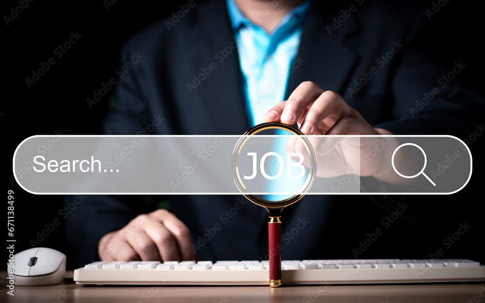 Poster man holding magnifier in hand finding job. recruiting, human resources concept. data search technolo