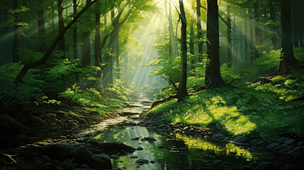 Obraz premium Sunlight streams through the forest with a precisionist art style, showcasing lush greens and emerald hues, creating decorative and highly detailed backgrounds that evoke environmental awareness