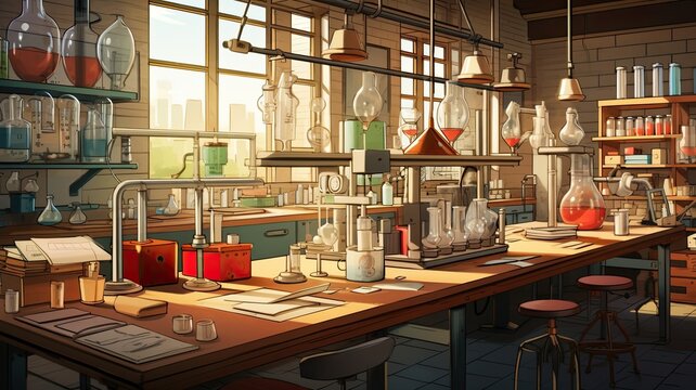 A lab bench filled with scientific equipment like microscopes, test tubes, and petri dishes