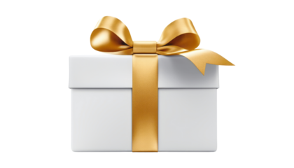 white gift box with gold ribbon isolated on transparent background cutout