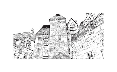 Building view with landmark of Sarlat la Caneda is the commune in France. Hand drawn sketch illustration in vector.
