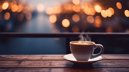 Obraz premium A cup of coffee on an outdoor table with an autumn view