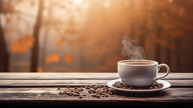 A cup of coffee on an outdoor table with an autumn view