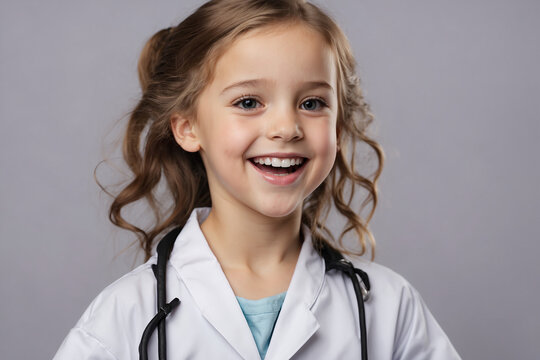 Close-up portrait of cute little girl in medical uniform, playing doctor, laughing in photo studio