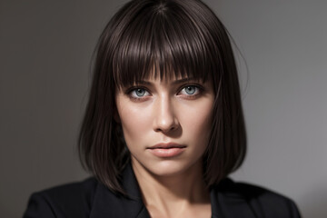 Fototapeta premium Beautiful woman portrait in black stands on a gray background