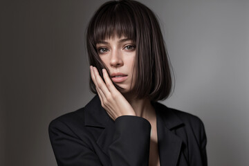 Beautiful  woman portrait in black  stands on a gray background