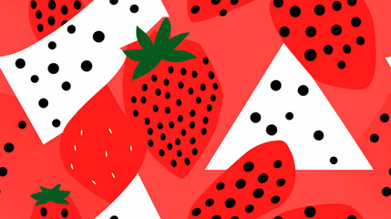 Strawberry image drawn abstractly and with a minimalist style. Random arrangement with repeating pattern tiles.

