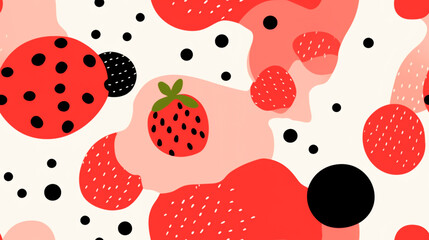 Strawberry image drawn abstractly and with a minimalist style. Random arrangement with repeating pattern tiles.
