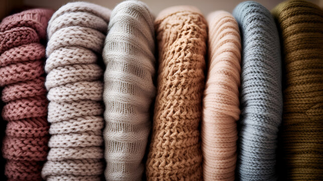 Cozy knitted winter woolen sweaters are folded in the closet