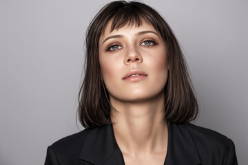 Fototapeta premium Beautiful woman portrait in black stands on a gray background