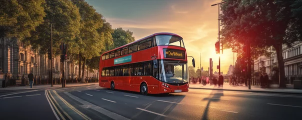 Zelfklevend Fotobehang Red modern style London Doubledecker Bus in almost night city. © Sabrewolf