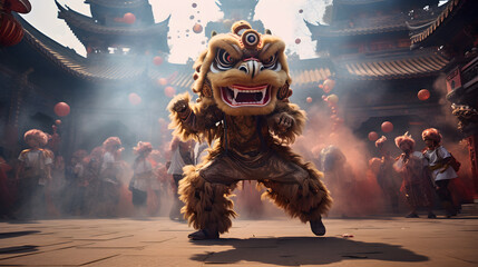 Chinese traditional lion dance costume performing at a temple in China, Lunar new year celebration,...