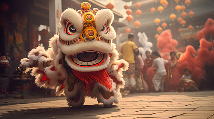 Obraz premium Chinese traditional lion dance costume performing at a temple in China, Lunar new year celebration, Chinese New Year
