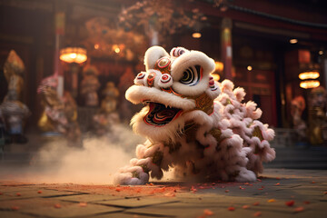 Naklejka premium Chinese traditional lion dance costume performing at a temple in China, Lunar new year celebration, Chinese New Year